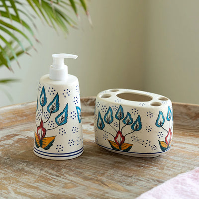 'Mughal Flora' Hand-painted Bathroom Accessory Set of 2 In Ceramic (Liquid Soap Dispenser, Toothbrush Holder)