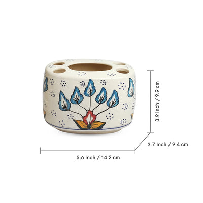 'Mughal Flora' Hand-painted Bathroom Accessory Set of 2 In Ceramic (Liquid Soap Dispenser, Toothbrush Holder)