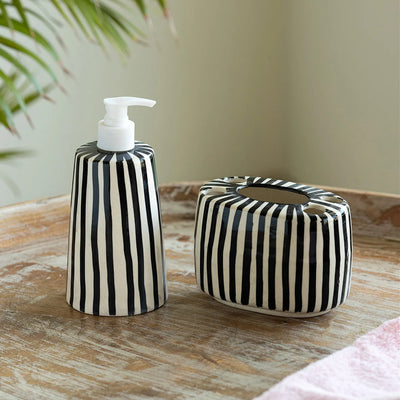 'Zebra Pattern' Hand-painted Bathroom Accessory Set of 2  In Ceramic (Liquid Soap Dispenser, Toothbrush Holder)