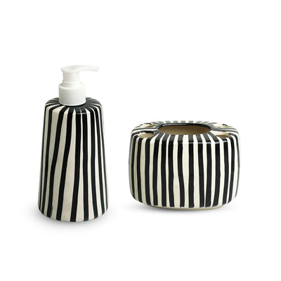 'Zebra Pattern' Hand-painted Bathroom Accessory Set of 2  In Ceramic (Liquid Soap Dispenser, Toothbrush Holder)