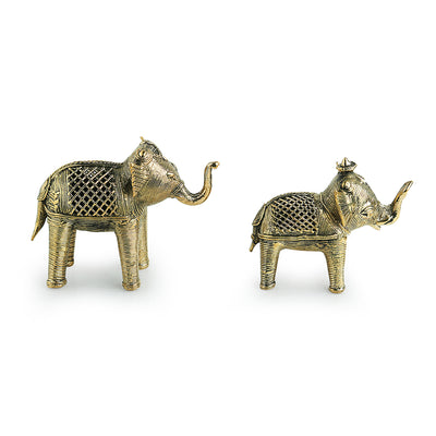 'Golden Elephants' Handmade Brass Figurine In Dhokra Art (Set Of 2)