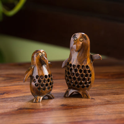 'The Playing Penguins' Hand Carved & Hand Painted Showpiece In Cedar Wood