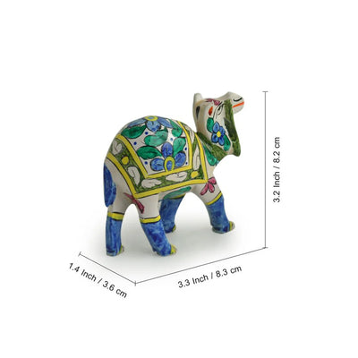 'The Imperial Camels' Hand Carved & Hand Painted Blue Pottery Showpiece In Eucalyptus Wood