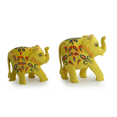 'The Sunny Elephants' Hand Carved & Hand Painted Showpiece In Eucalyptus Wood