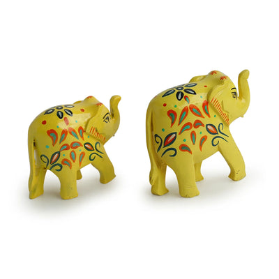 'The Sunny Elephants' Hand Carved & Hand Painted Showpiece In Eucalyptus Wood