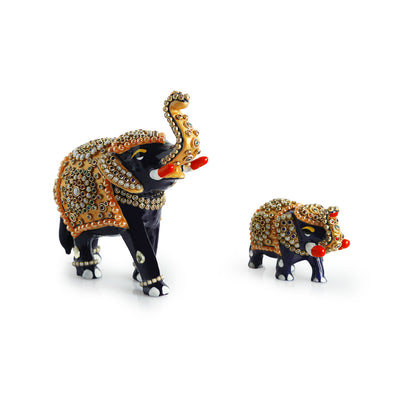 Meenakari 'Elephant Family' Decorative Showpiece Figurines (Set of 2, Metal, Hand-Painted, 4.6 & 2.0 Inches)