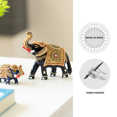 Meenakari 'Elephant Family' Decorative Showpiece Figurines (Set of 2, Metal, Hand-Painted, 4.6 & 2.0 Inches)