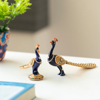 Meenakari 'Peacock Pair' Decorative Showpiece Figurines (Set of 2, Metal, Hand-Painted, 3.5 & 2.9 Inches)