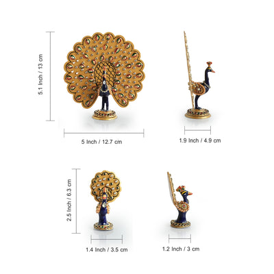Meenakari 'Dancing Peacock Pair' Decorative Showpiece Figurines (Set of 2, Metal, Hand-Painted, 5.1 & 2.5 Inches)