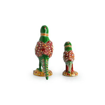 Meenakari 'Parrot & Chick' Decorative Showpiece Figurines (Set of 2, Metal, Hand-Painted, 2.8 & 2.2 Inches)