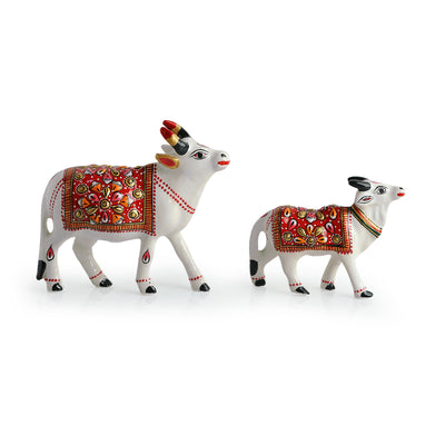 Meenakari 'Cow & Calf' Decorative Showpiece Figurines (Set of 2, Metal, Hand-Painted, 4.1 & 2.8 Inches)