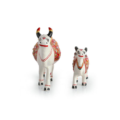 Meenakari 'Cow & Calf' Decorative Showpiece Figurines (Set of 2, Metal, Hand-Painted, 4.1 & 2.8 Inches)