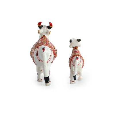 Meenakari 'Cow & Calf' Decorative Showpiece Figurines (Set of 2, Metal, Hand-Painted, 4.1 & 2.8 Inches)