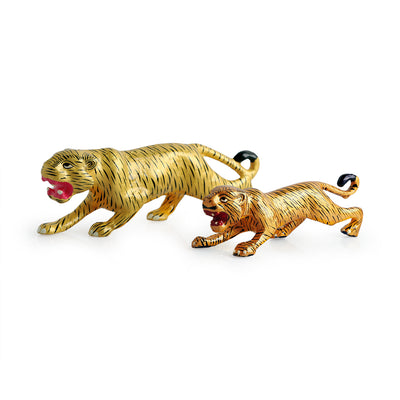 Meenakari 'Tiger & Cub' Decorative Showpiece Figurines (Set of 2, Metal, Hand-Painted, 7.8 & 5.8 Inches)