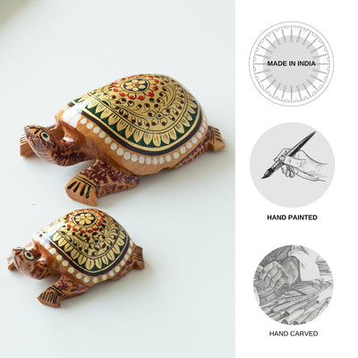 Meenakari Handcarved 'Majestic Tortoise' Decorative Showpiece Figurines (Set of 2, Wooden, Hand-painted, 5.1 & 3.1 Inches)