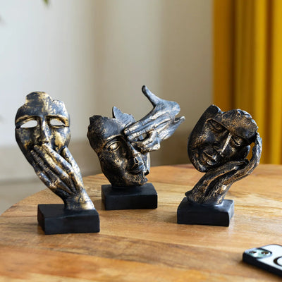 'Human Wisdom Face' Modern Decorative Showpiece Sculpture (Set of 3, Resin, Handcrafted)