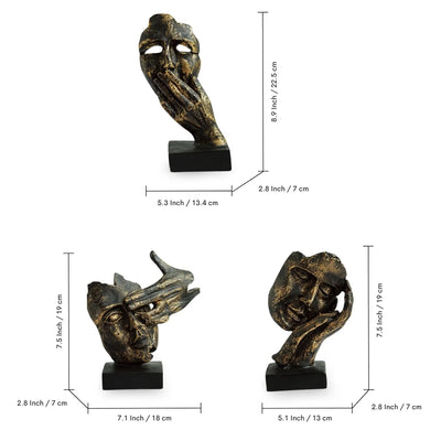 'Human Wisdom Face' Modern Decorative Showpiece Sculpture (Set of 3, Resin, Handcrafted)