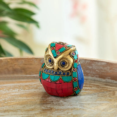 ExclusiveLane 'Guardian Owl' Brass Decorative Showpiece Figurine (Stone-Studded, 9.3 Cm)