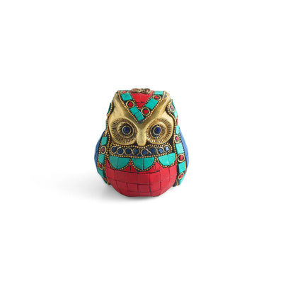 ExclusiveLane 'Guardian Owl' Brass Decorative Showpiece Figurine (Stone-Studded, 9.3 Cm)