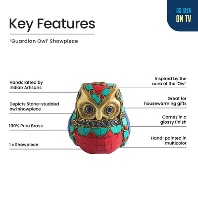 ExclusiveLane 'Guardian Owl' Brass Decorative Showpiece Figurine (Stone-Studded, 9.3 Cm)