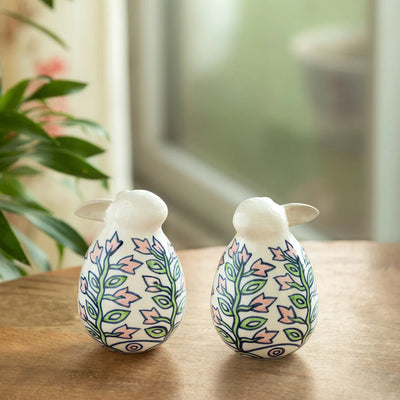 ExclusiveLane 'Leafy Bunnies' Ceramic Decorative Showpiece Figurine (Set Of 2, Hand-Painted, 12.7 Cm)