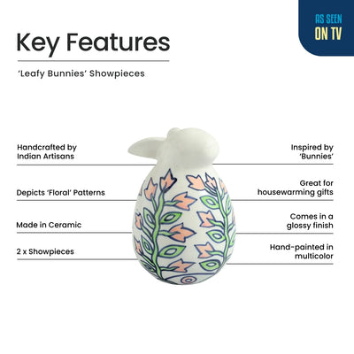 ExclusiveLane 'Leafy Bunnies' Ceramic Decorative Showpiece Figurine (Set Of 2, Hand-Painted, 12.7 Cm)