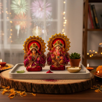 ExclusiveLane 'Adhyatmik Lakshmi-Ganesha' Terracotta Decorative Lord Ganesha & Goddess Lakshmi Murti (Set Of 2, Handcrafted, Multicoloured)