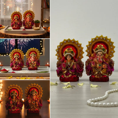 ExclusiveLane 'Adhyatmik Lakshmi-Ganesha' Terracotta Decorative Lord Ganesha & Goddess Lakshmi Murti (Set Of 2, Handcrafted, Multicoloured)