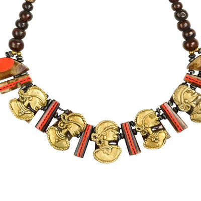 Tribal Lady Faces' Bohemian Brass Necklace Handcrafted In Dhokra Art (Bib)