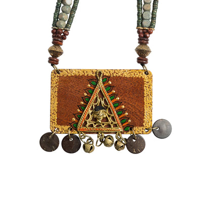 'Tribal Woman' Bohemian Beaded Sheesham Wooden & Brass Necklace (Dhokra Art, Handcrafted)