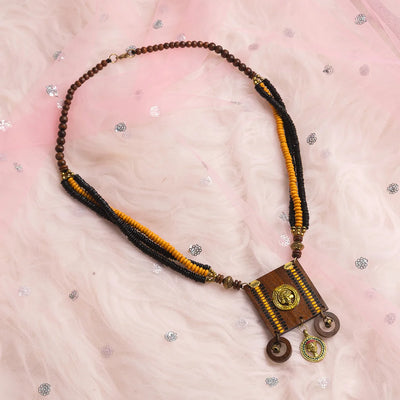 'Tribal Women' Bohemian Beaded Sheesham Wooden & Brass Necklace (Dhokra Art, Handcrafted & Hand-Painted)