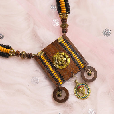 'Tribal Women' Bohemian Beaded Sheesham Wooden & Brass Necklace (Dhokra Art, Handcrafted & Hand-Painted)