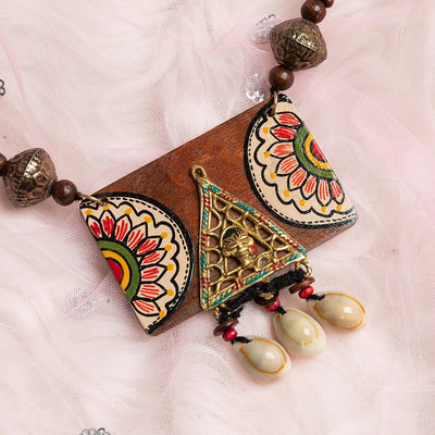 'Tribal Flora' Bohemian Beaded Sheesham Wooden & Brass Necklace (Dhokra Art, Handcrafted & Hand-Painted)