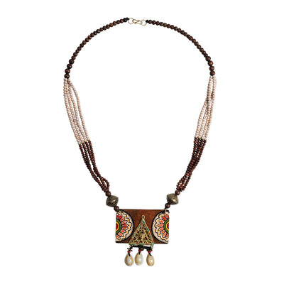 'Tribal Flora' Bohemian Beaded Sheesham Wooden & Brass Necklace (Dhokra Art, Handcrafted & Hand-Painted)