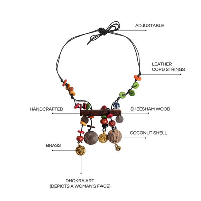 'Vibrant Beads' Bohemian Beaded Sheesham Wooden & Brass Necklace (Dhokra Art, Handcrafted)