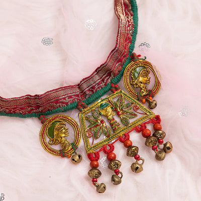 'Tribal Community' Bohemian Beaded Silk & Brass Necklace (Dhokra Art, Handcrafted)
