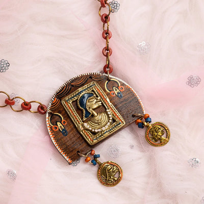 'Tribal Women' Bohemian Beaded Sheesham Wooden & Brass Necklace (Dhokra Art, Handcrafted)