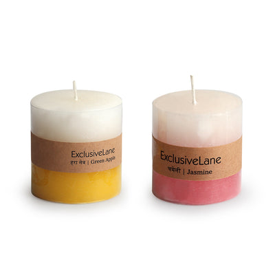 Green Apple & Jasmine' Handmade Wax Pillar Scented Candles (Set of 2, 30 Hours Burn Time, Soy Blend, 320 Grams)