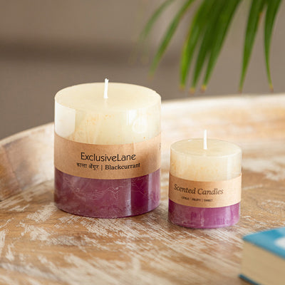 Blackcurrant Berries' Handmade Wax Pillar Scented Candles (Set of 2, 8 & 30 Hours Burn Time, Soy Blend, 100 & 320 Grams)