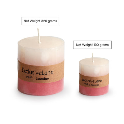 Jasmine' Handmade Wax Pillar Scented Candles (Set of 2, 8 & 30 Hours Burn Time, Soy Blend, 320 grams & 100 grams)