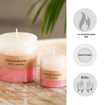 Jasmine' Handmade Wax Pillar Scented Candles (Set of 2, 8 & 30 Hours Burn Time, Soy Blend, 100 & 320 Grams)