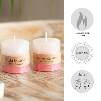 Jasmine' Handmade Wax Pillar Scented Candles (Set of 2, 8 Hours Burn Time, Soy Blend, 100 Grams)