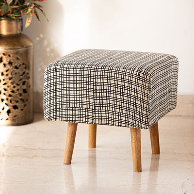 Checkered Cube' Handcrafted Ottoman In Mango Wood (15.0 Inches)
