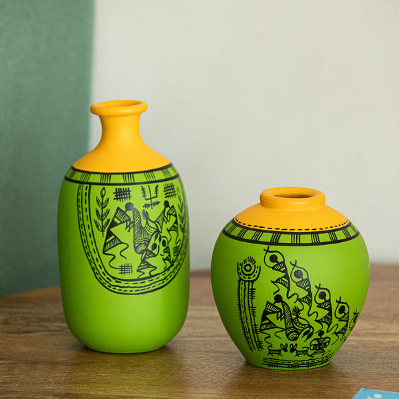 ExclusiveLane 'Warli Tales' Hand-Painted Terracotta Vases (Set of 2, Lime Green & Yellow)