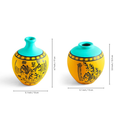 ExclusiveLane 'Warli Tales' Hand-Painted Terracotta Vases (Set of 2, Yellow & Turquoise)