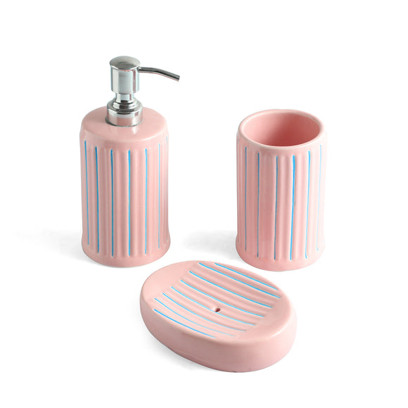 ExclusiveLane 'Blush Elegance' Ceramic Bathroom Accessory Set of 3 (Liquid Soap Dispenser, Toothbrush Holder, Soap Tray, Hand-Carved)