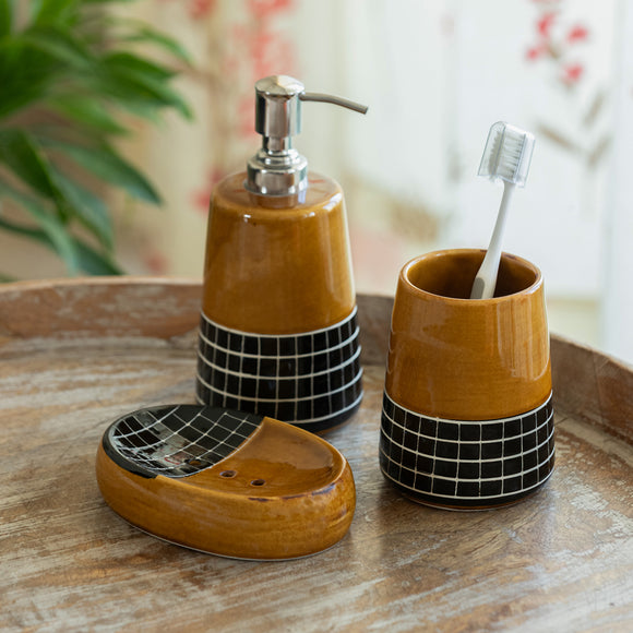 ExclusiveLane 'Sun Checkered' Ceramic Bathroom Accessory Set of 3 (Liquid Soap Dispenser, Toothbrush Holder, Soap Tray, Hand-Carved)