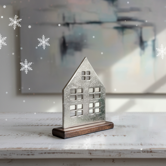 'Christmas Cottage' Aluminium Decorative Showpiece Figurine (Hand-Etched, 18.6 Cm)