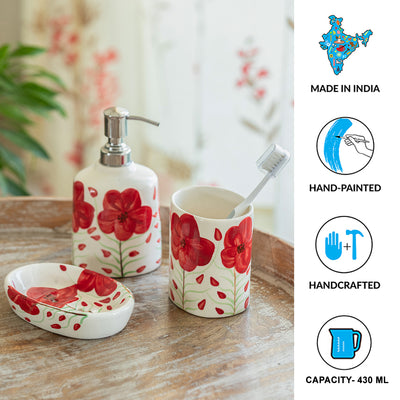 ExclusiveLane 'Scarlet Bloom' Ceramic Bathroom Accessory Set of 3 (Liquid Soap Dispenser, Toothbrush Holder, Soap Tray, Hand-Painted)