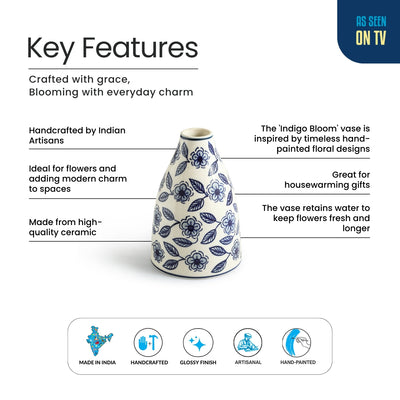 ExclusiveLane 'Indigo Bloom' Decorative Ceramic Vase (17.0 Cm, Hand-Painted)